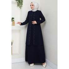 Büyük Beden Boncuklu Taşlı Anne Elbisesi Lacivert HM2693