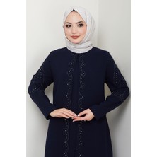 Büyük Beden Boncuklu Taşlı Anne Elbisesi Lacivert HM2693