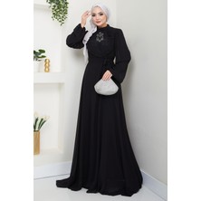 Boncuklu Şifon Abiye Elbise Siyah HM2667
