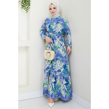 Nare Yaprak Desenli Viskon Elbise Mavi HM2682