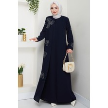 Büyük Beden Lale Taşlı Anne Elbisesi Lacivert HM2692