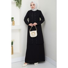 Büyük Beden Boncuklu Taşlı Anne Elbisesi Siyah HM2693