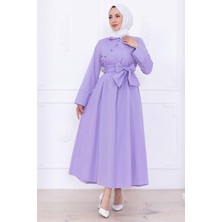 Önden Çapraz Düğmeli Kuşaklı Elbise Lila HM2755