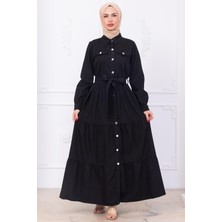 Önü Düğmeli Kuşaklı Kot Elbise HM2764 Siyah