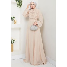 Boncuklu Şifon Abiye Elbise Bej HM2667