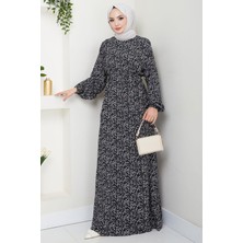 Çıtır Çiçek Desenli Yazlık Viskon Elbise Siyah HM2717