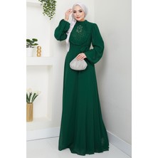 Boncuklu Şifon Abiye Elbise Zümrüt HM2667