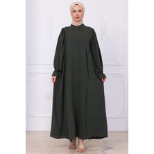 Kolları Lastikli Eva Tesettür Elbise Haki HM2758