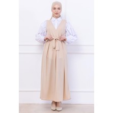 Kuşaklı Pileli Örme Jile Elbise Bej HM2736
