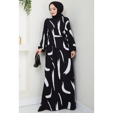 Fırça Desenli Yazlık Viskon Elbise Siyah HM2730