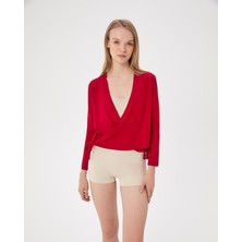Ayma Active Kadın Kırmızı İpli Kruvaze Bluz - EcoVero™ Viskoz, Çok Yönlü Bağcıklı, Uzun Kollu, Dönüştürülebilir Wrap Top
