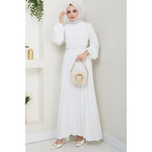 Kemerli Piliseli Aerobin Elbise Beyaz HM2339