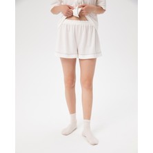 Ayma Active Kadın Ekru Bej Biyeli Pijama Şort - Viskoz Karışımlı Kumaş, Beli Büzgülü, Paçasında Biye Detaylı, Evde Rahat ve Hafif Yazlık Pijama Şort