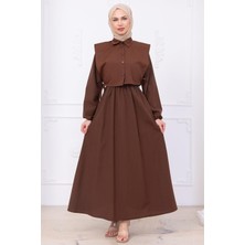 Bolerolu Beli Lastikli Elbise Kahverengi HM2756