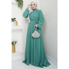 Boncuklu Şifon Abiye Elbise Mint HM2667
