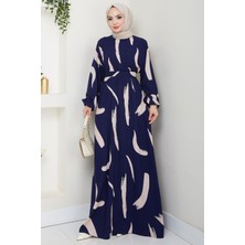 Fırça Desenli Yazlık Viskon Elbise Lacivert HM2730