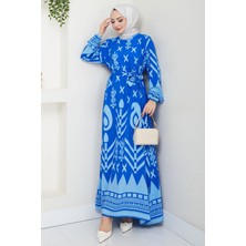 Ferah Desenli Yazlık Viskon Elbise Mavi HM2679