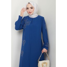Büyük Beden Lale Taşlı Anne Elbisesi Indigo HM2692