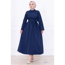 Önden Çapraz Düğmeli Kuşaklı Elbise Lacivert HM2755