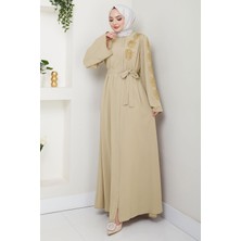 Çiçek Taşlı Kuşaklı Ferace Bej HM2713