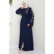 Hafsa Mina Çiçek Taşlı Kuşaklı Ferace Lacivert HM2713Medine İpeği Uzun Kol Kadın 52 Beden Şık Tasarım