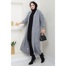 Şal Yaka Cepli Triko Hırka Gri HM2534