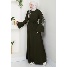 Incili Çiçek Motifli Kuşaklı Ferace Haki HM2720