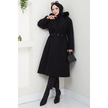 Kapüşonlu Beli Büzgülü Kaşe Kaban Siyah HM2604