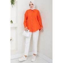 Tek Cepli Uzun Kol Oversize Keten Gömlek Mercan HM2651