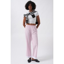 Paça Şerit Detay Çizgili Pembe Pantolon