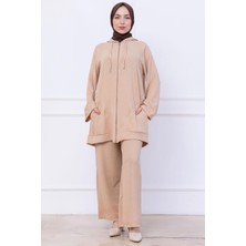 Kapüşonlu Kanguru Cepli Fermuarlı Ayrobin Takım Bej HM2731