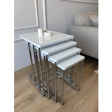 Metal  Mdf  Tekerlekli Beyaz Zigon Sehpa Beyaz