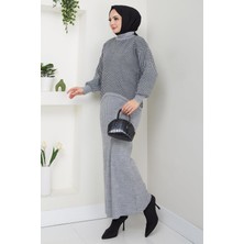 Yatay Çizgili Kazak Jile Triko Takım Gri HM2591