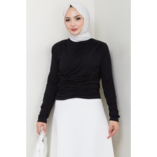 Hafsa Mina HM2694 Siyah Kadın Body Balıkçı Yaka Büzgü Detaylı Örme Kumaş ile Şık Tasarım