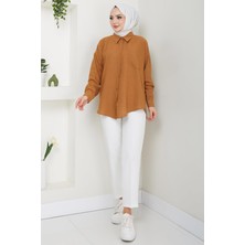 Tek Cepli Uzun Kol Oversize Keten Gömlek Taba HM2651