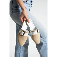 Beyaz Jüt Tokalı Kapalı Kadın Terlik Ev ve Dış Mekan Terliği