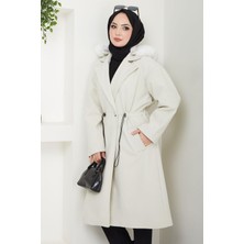 Kapüşonlu Beli Büzgülü Kaşe Kaban Ekru HM2604