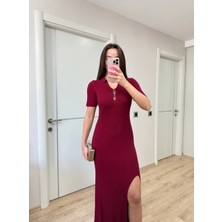 Yakalı Fitilli Kısa Kollu Uzun Triko Elbise - Bordo