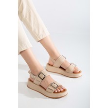 Kadın Hakiki Deri Tokalı Yüksek Taban Sandalet - Bej