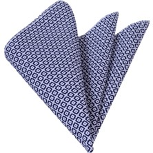 Beyaz Üzerine Lacivert Geometrik Desenli Pamuk Cep Yaka Mendili