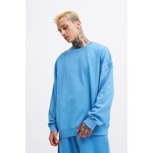 Erkek Yıkamalı Oversize Açık Mavi Sweatshirt