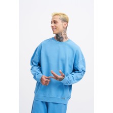 Erkek Yıkamalı Oversize Açık Mavi Sweatshirt