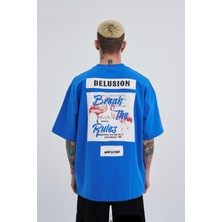 Erkek Break The Rules Baskılı Oversize Mavi Tişört