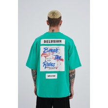 Erkek Break The Rules Baskılı Oversize Açık Yeşil Tişört