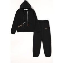 Kapüşonlu Uzun Kol Yazı Baskılı Siyah Renk Erkek Çocuk Eşofman Takım