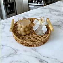 Küçük Boy Yuvarlak Sunum Dekor Rattan Tepsi 30 x 20 cm