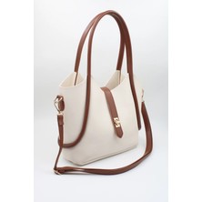 Kadın Krem Taba Çift Renkli Makyaj Çantalı Kilit Kapama Detaylı Çapraz Askılı El ve Omuz Çantası