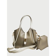 Kadın Vizon Krem Taba Çift Renkli Makyaj Çantalı Kilit Kapama Detaylı Çapraz Askılı El ve Omuz Çantası