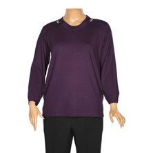 Cimariva Kadın Meyra Büyük Beden O Yaka Nakışlı Mürdüm Bluz