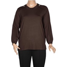 Cimariva Kadın Meyra Büyük Beden O Yaka Nakışlı Kahverengi Bluz